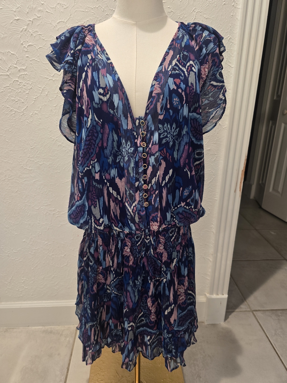 Ramy Brook XL Navy Purple Floral Ruffle Mini Dress Fall Boho